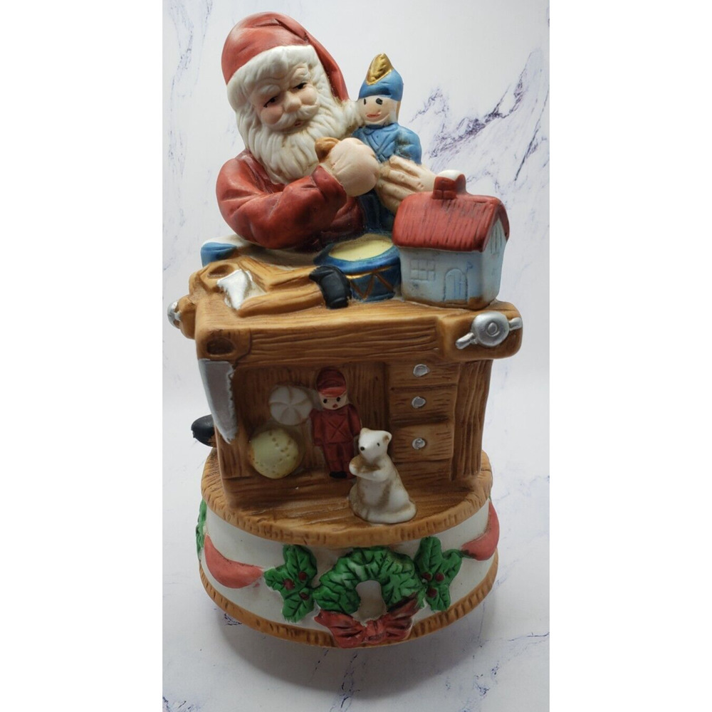 Vintage Homco Santa Claus Revolving Music Box Jingle Bells Porcelain Figurine